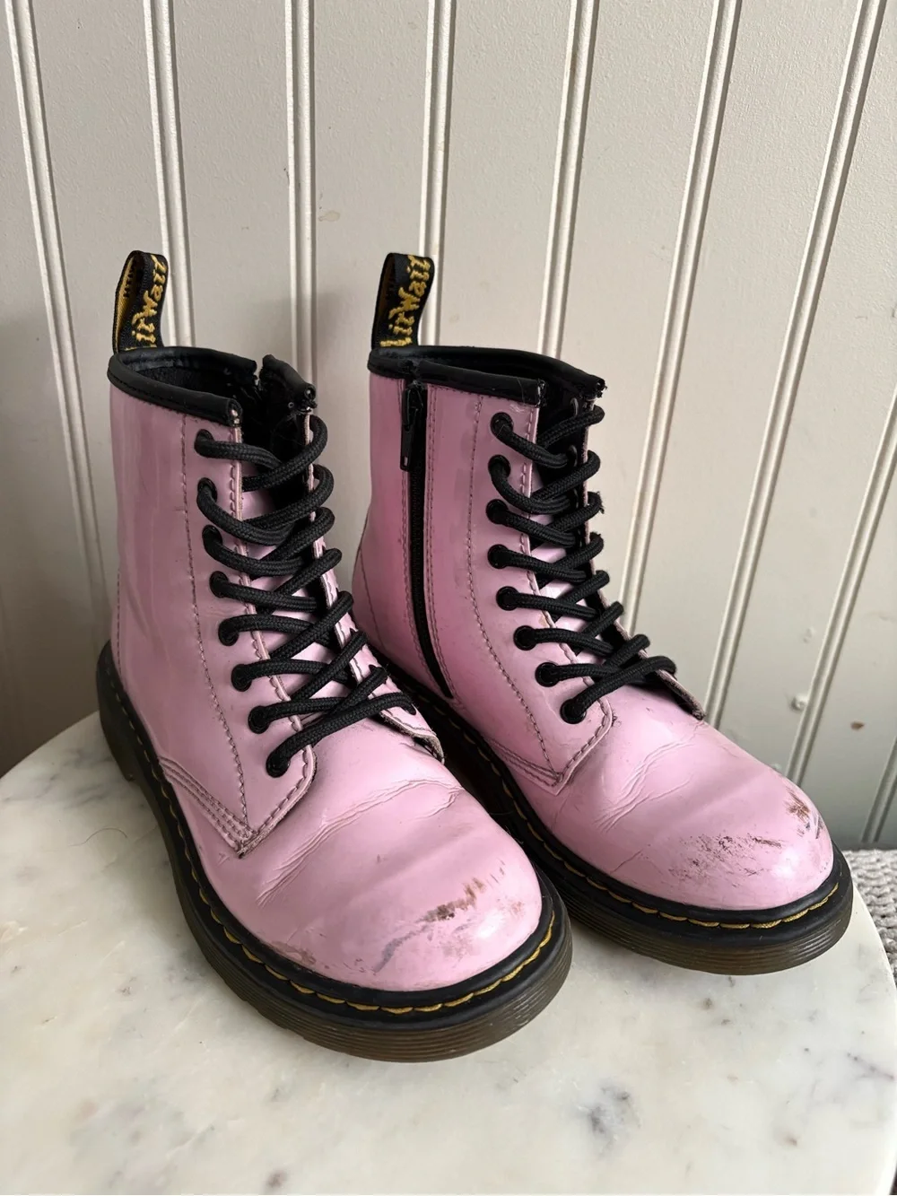 Dr Martens Patent Leather Combat Boots Youth Girls 1 Pink & Black Moto Cool Boho